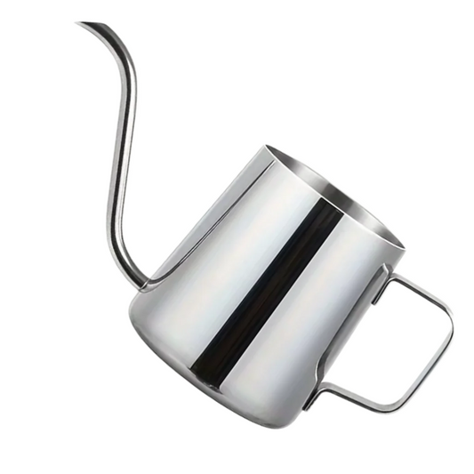 A stainless steel gooseneck jug designed for pour-over coffee brewing, featuring a curved spout and a handle.