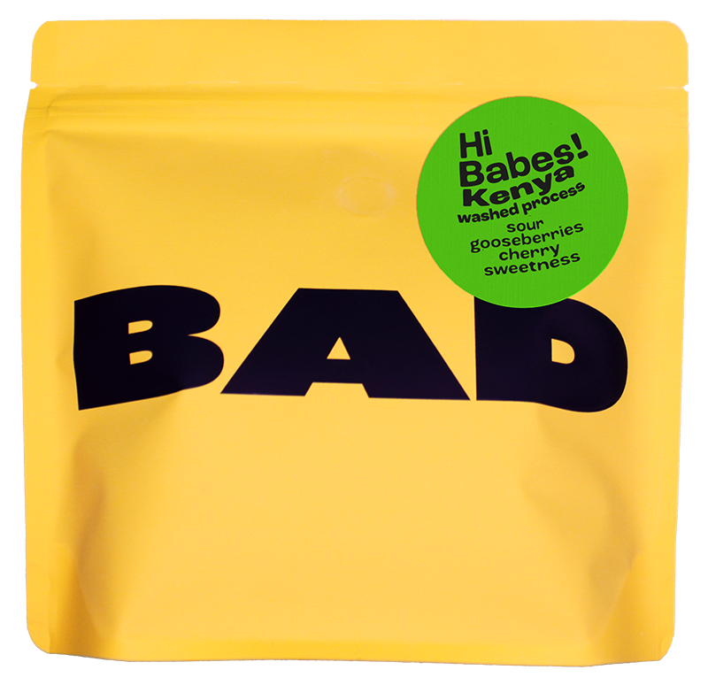 A yellow bag of BAD coffee from Kenya with taste notes of gooseberries, Kenya washed process' and 'Sour gooseberries cherry sweetness'.