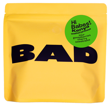 A yellow bag of BAD coffee from Kenya with taste notes of gooseberries, Kenya washed process' and 'Sour gooseberries cherry sweetness'.